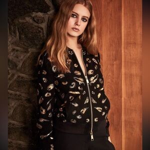 Rachel Zoe Collection Black Suede Bomber Jacket with Gold Sequin Embroidery FLAW